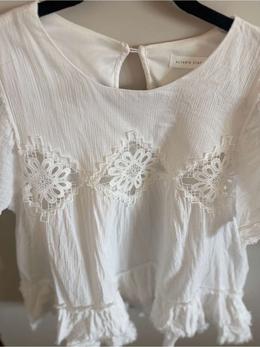 Altar'd State Cotton White Crochet-Front Ruffle Sleeve Blouse - Picture 3 of 14